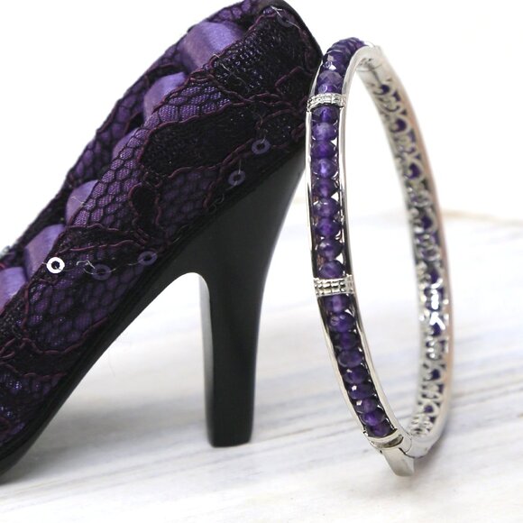 African Amethyst ✦ Platinum Bangle Bracelet ✦ 15ctw Faceted Gemstones 8” NWT main image 7